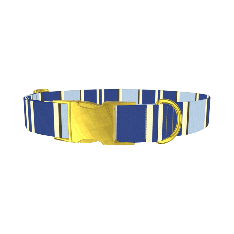 Navy Stripes Dog Collar - metal gold