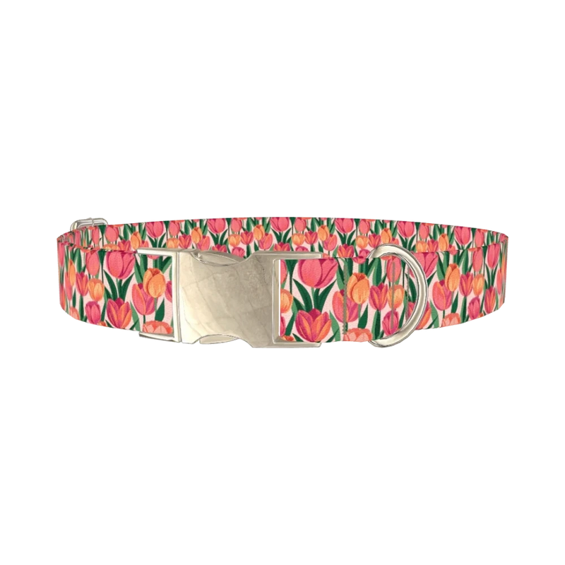 Pink Tulip Dog Collar - metal silver