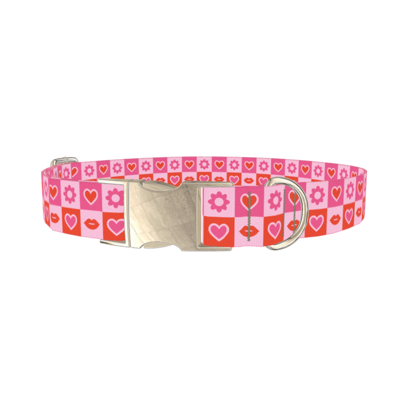 Valentine Hearts and Lips Dog Collar - metal silver