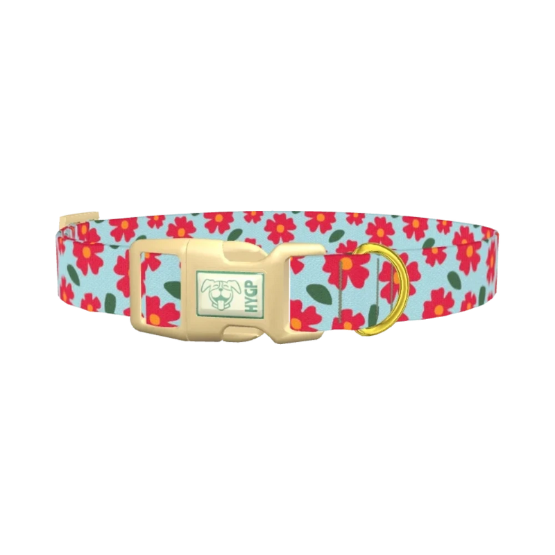 Red Floral Dog Collar - plastic gold