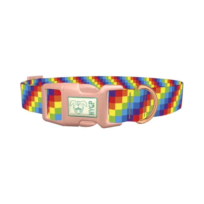 Rainbow Checkered Dog Collar - plastic rose gold