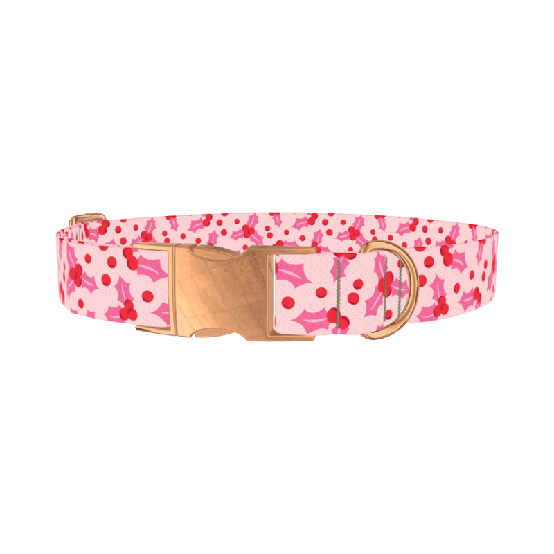 Pink Holly Berry Dog Collar - metal rose gold