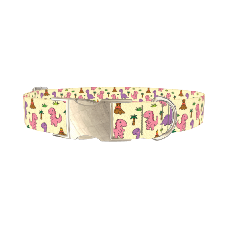 Cartoon Dino Volcano Dog Collar - metal silver