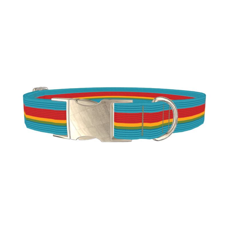 Turquoise Red Stripe Dog Collar - metal silver