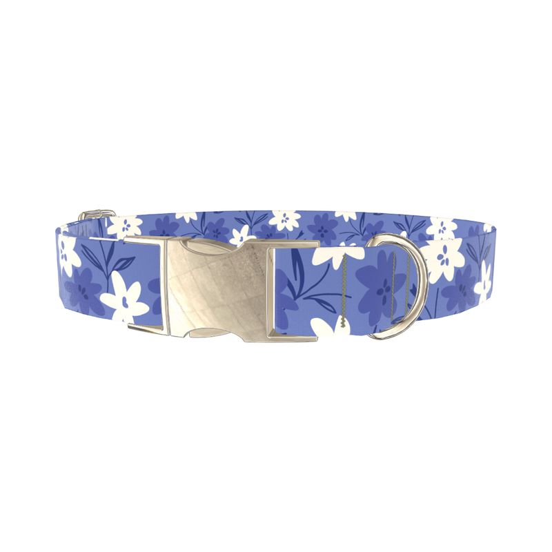 Blue Floral Pattern Dog Collar - metal silver