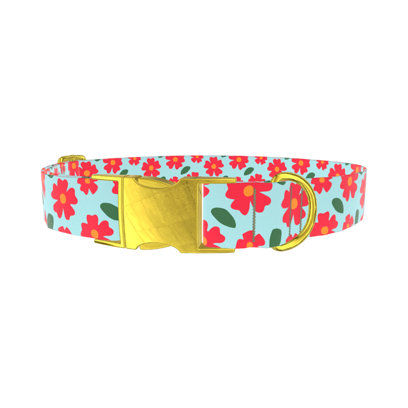 Red Floral Dog Collar - metal gold