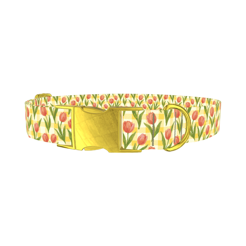 Floral Tulip Plaid Dog Collar - metal gold