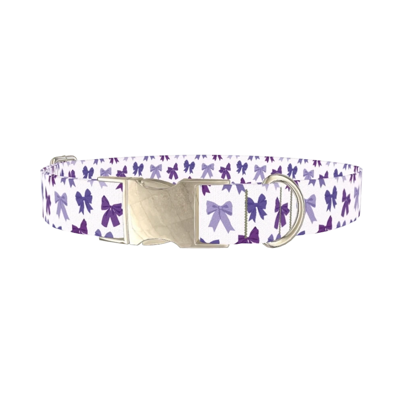 Purple Bow Dog Collar - metal silver