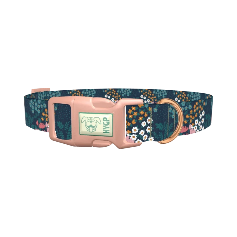 Navy Floral Garden Dog Collar - plastic rose gold