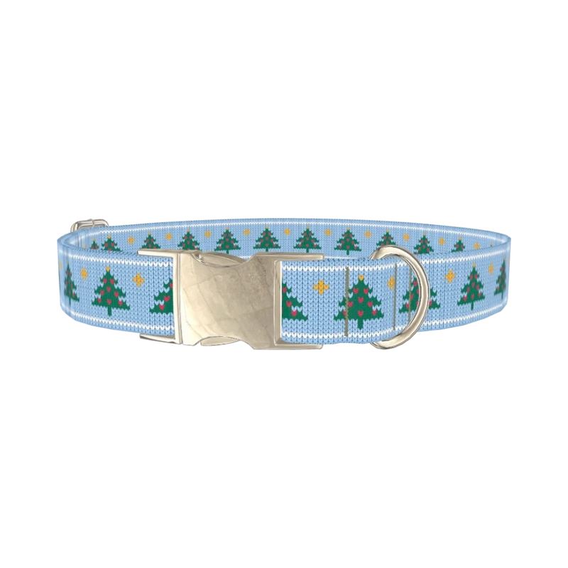 Blue Knitted Christmas Tree Dog Collar - metal silver