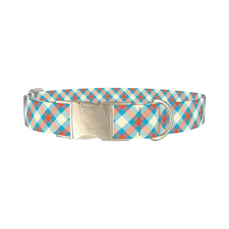 Orange Blue Checkered Dog Collar - metal silver