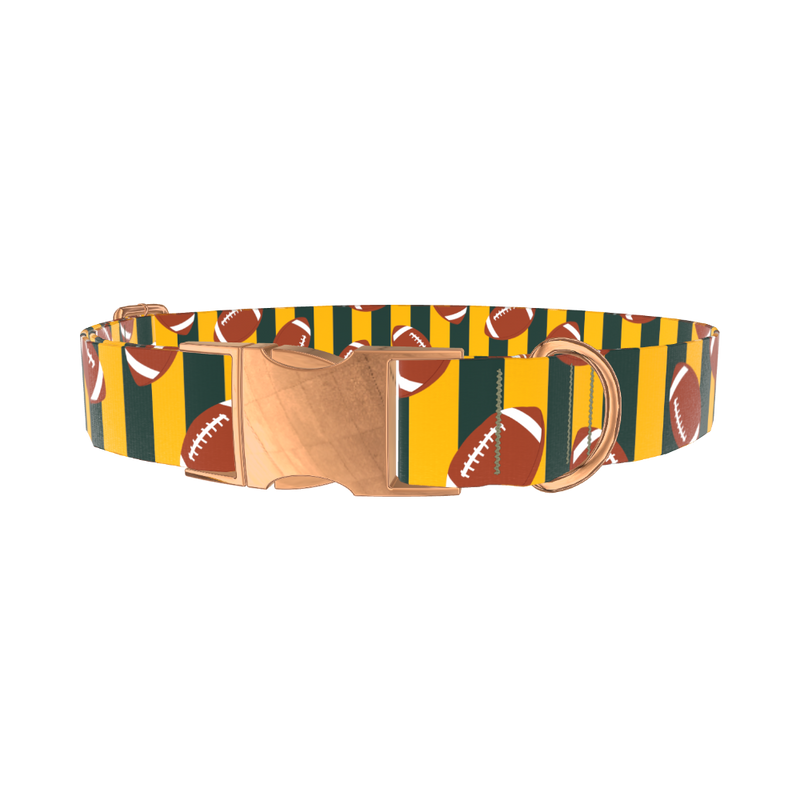 Green Stripe Football Dog Collar - metal rose gold