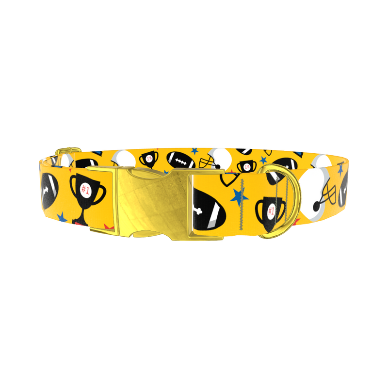 Yellow Football Trophy Dog Collar - metal gold