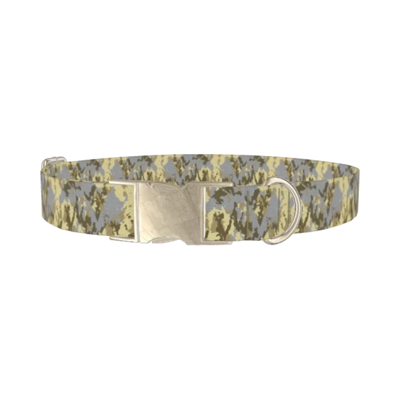 Yellow Grey Camo Dog Collar - metal silver