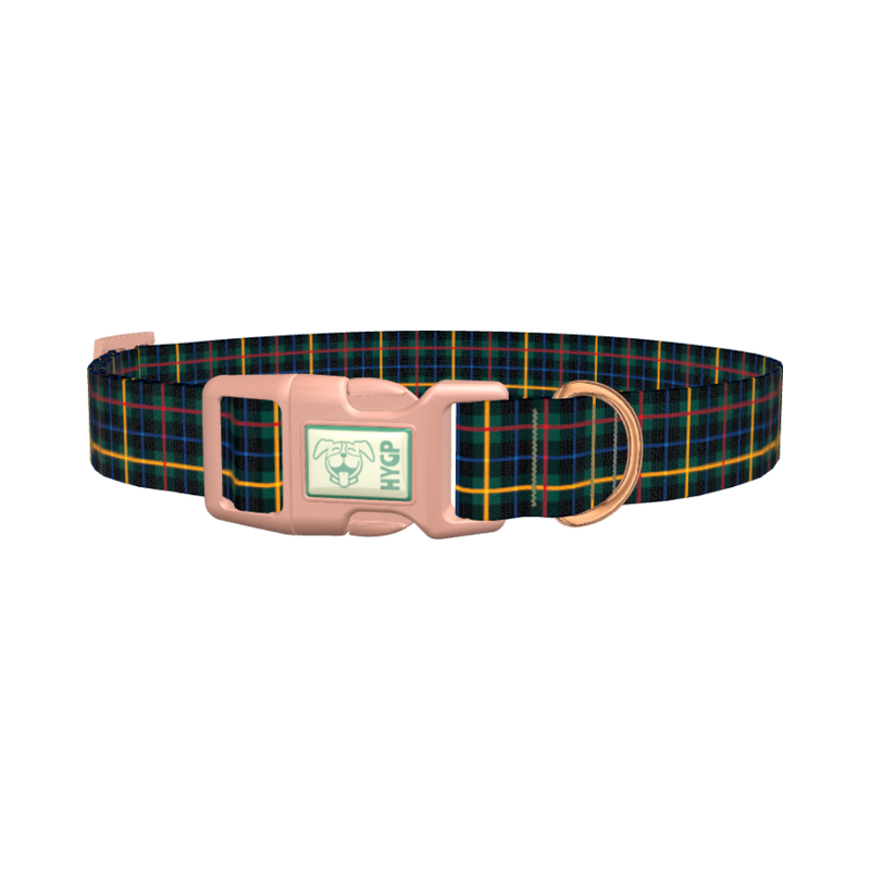 Blue Green Tartan Dog Collar - plastic rose gold