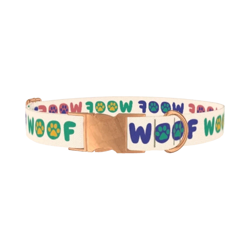 Woof Paw Print Dog Collar - metal rose gold