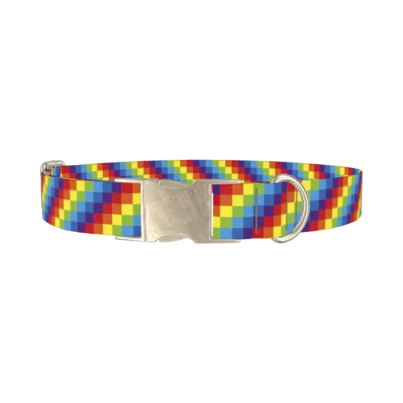 Rainbow Checkered Dog Collar - metal silver