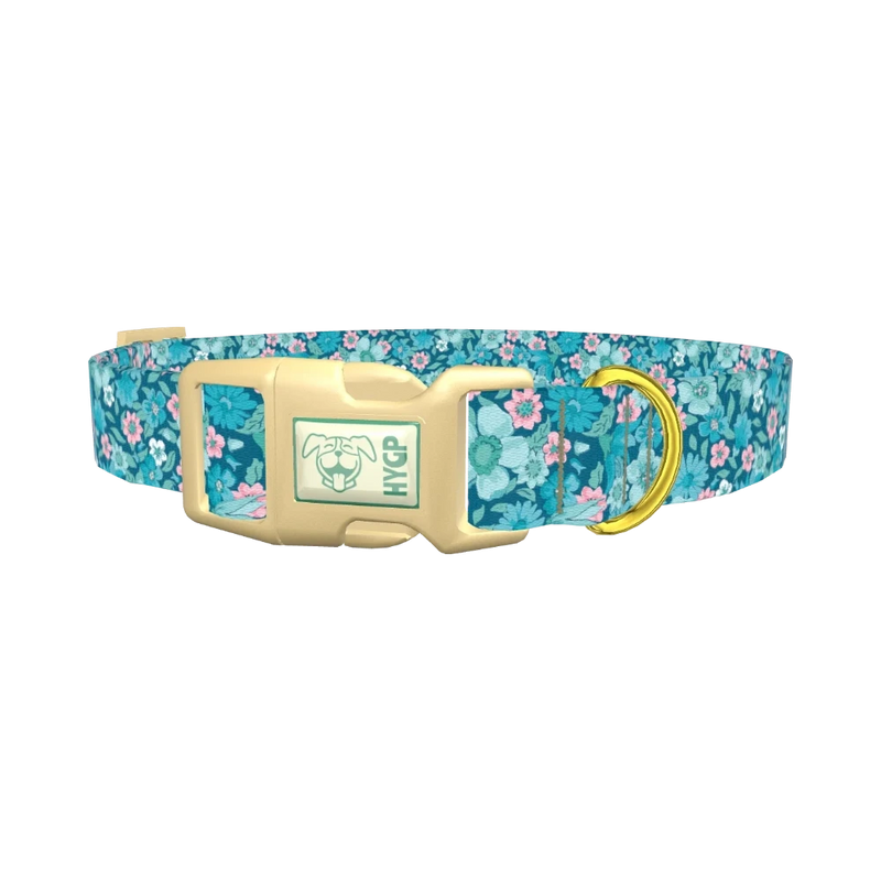 Floral Blue Dog Collar - plastic gold