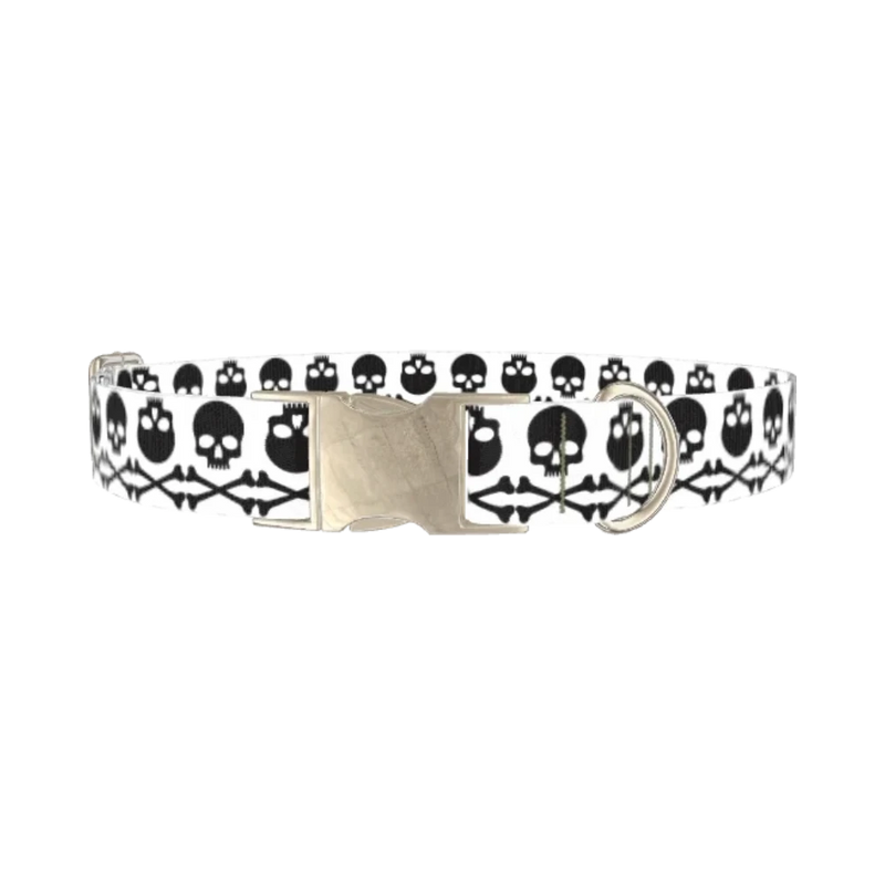 Black Skull Pattern Dog Collar - metal silver