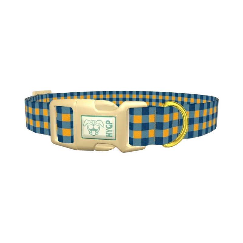 Yellow Blue Checkered Dog Collar - plastic gold