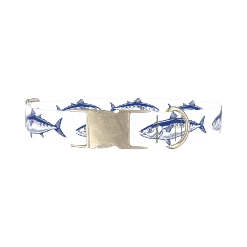 Dark Blue Fish Pattern Dog Collar - metal silver