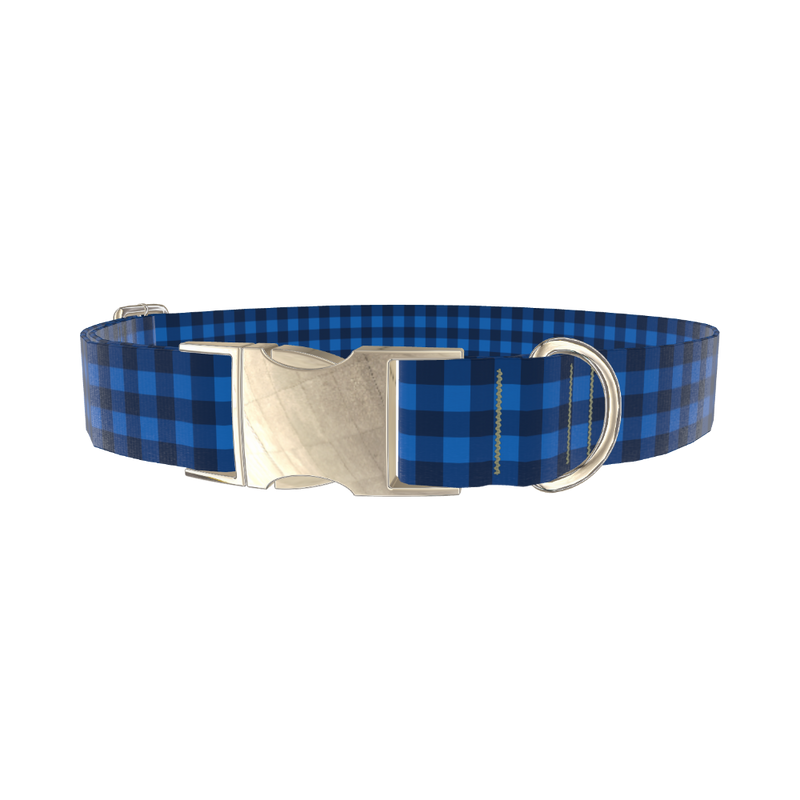 Dark Blue Checkered Dog Collar - metal gold