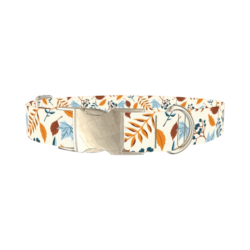 Autumn Berry Leaves Dog Collar - metal silver