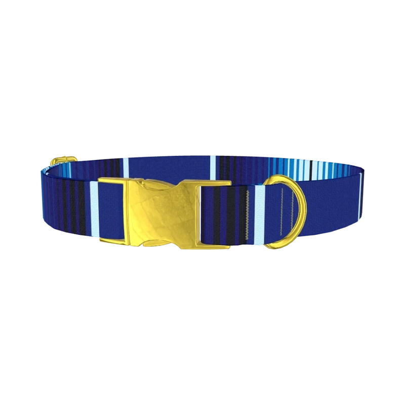 Blue Geometric Stripe Dog Collar - metal gold