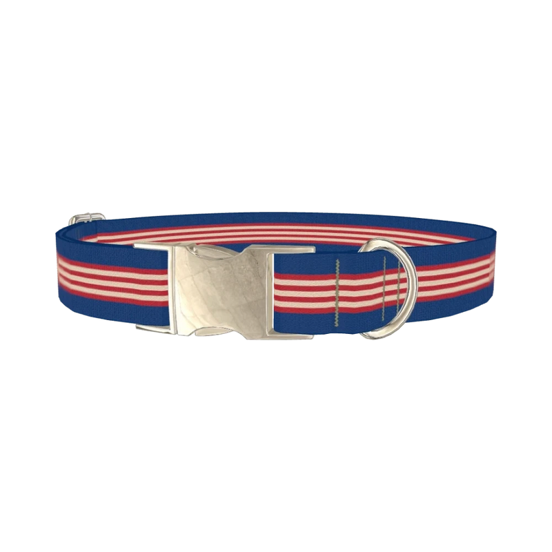 Navy Red Stripe Dog Collar - metal silver