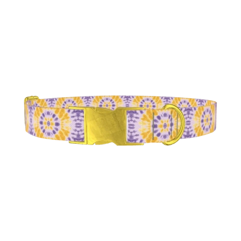 Yellow Purple Tie-Dye Dog Collar - metal gold