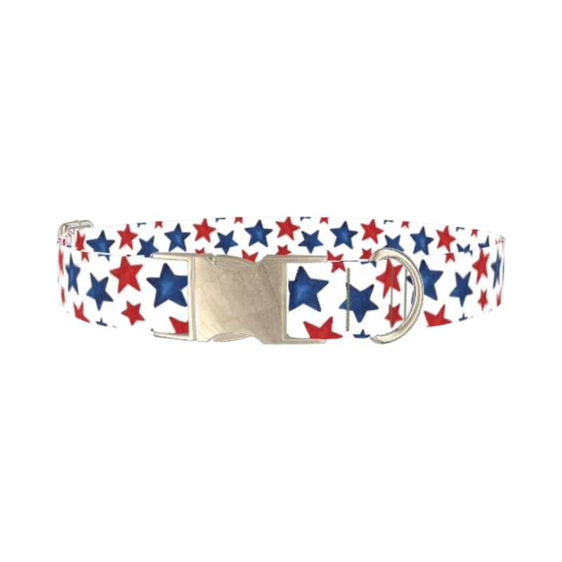 Red Blue Star Pattern Dog Collar - metal silver