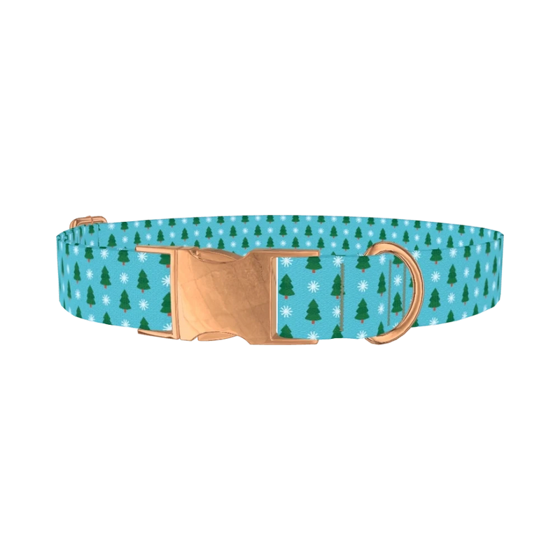 Blue Christmas Trees Dog Collar - metal rose gold