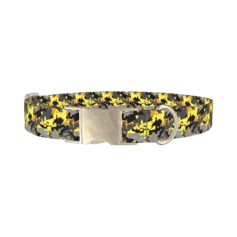 Yellow Grey Camouflage Dog Collar - metal silver
