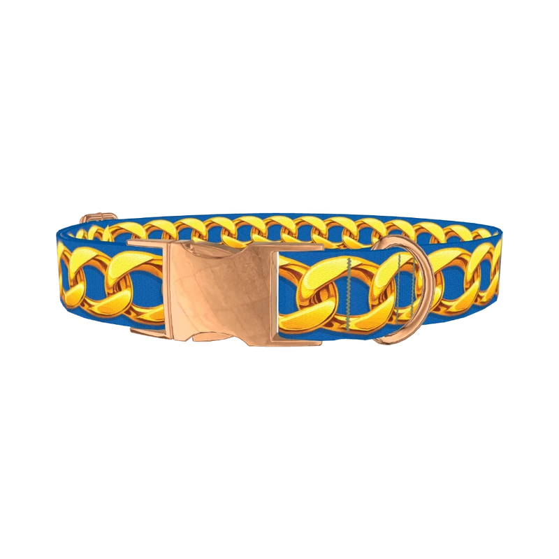 Gold Chain Blue Dog Collar - metal rose gold