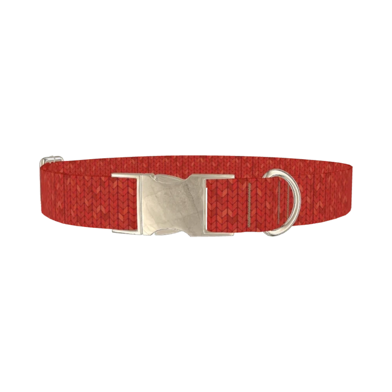 Red Knitting Pattern Dog Collar - metal silver