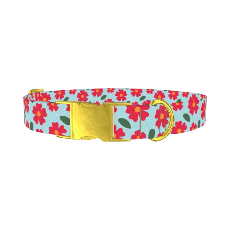 Red Floral Dog Collar - metal gold