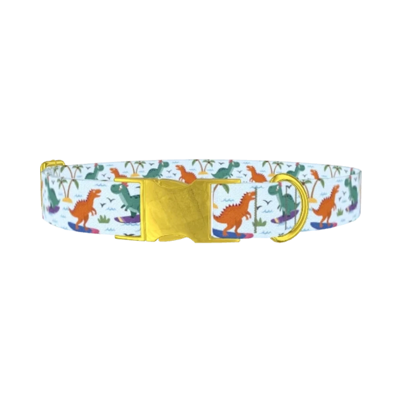 Dinosaur Surf Dog Collar - metal gold