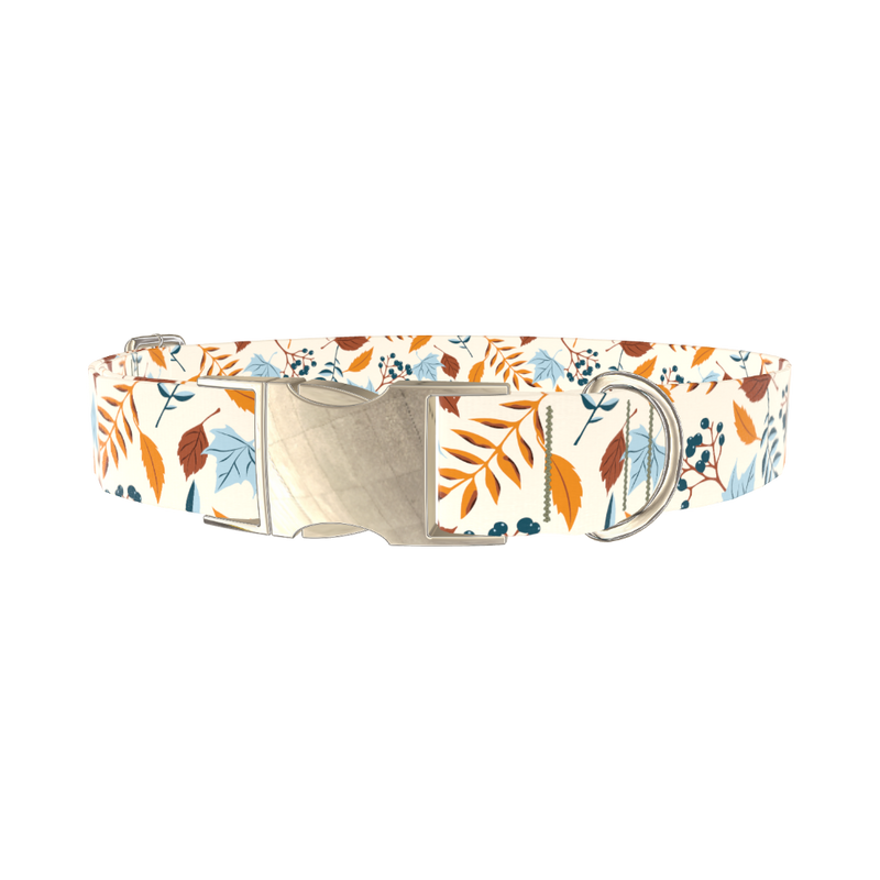 Autumn Berry Leaves Dog Collar - metal silver