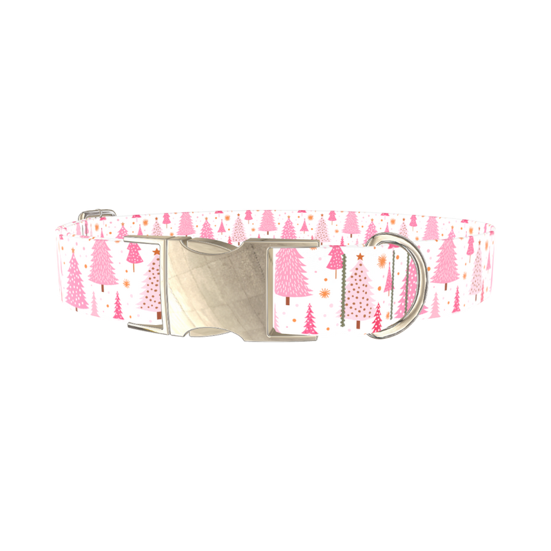 Pink Festive Trees Dog Collar - metal gold