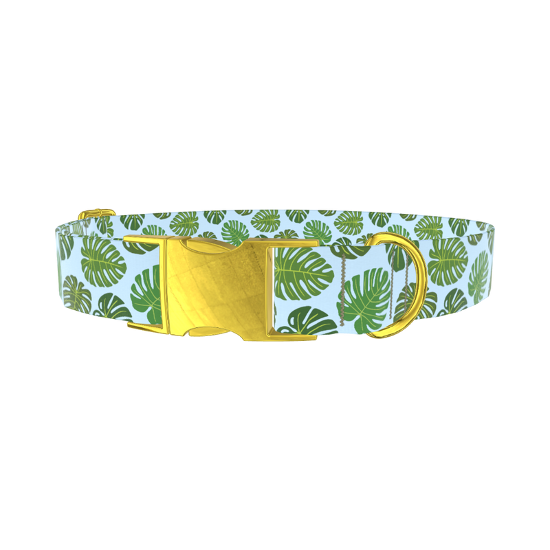Blue Monstera Leaf Dog Collar - metal rose gold