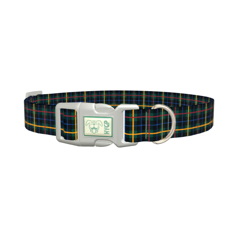 Blue Green Tartan Dog Collar - plastic silver