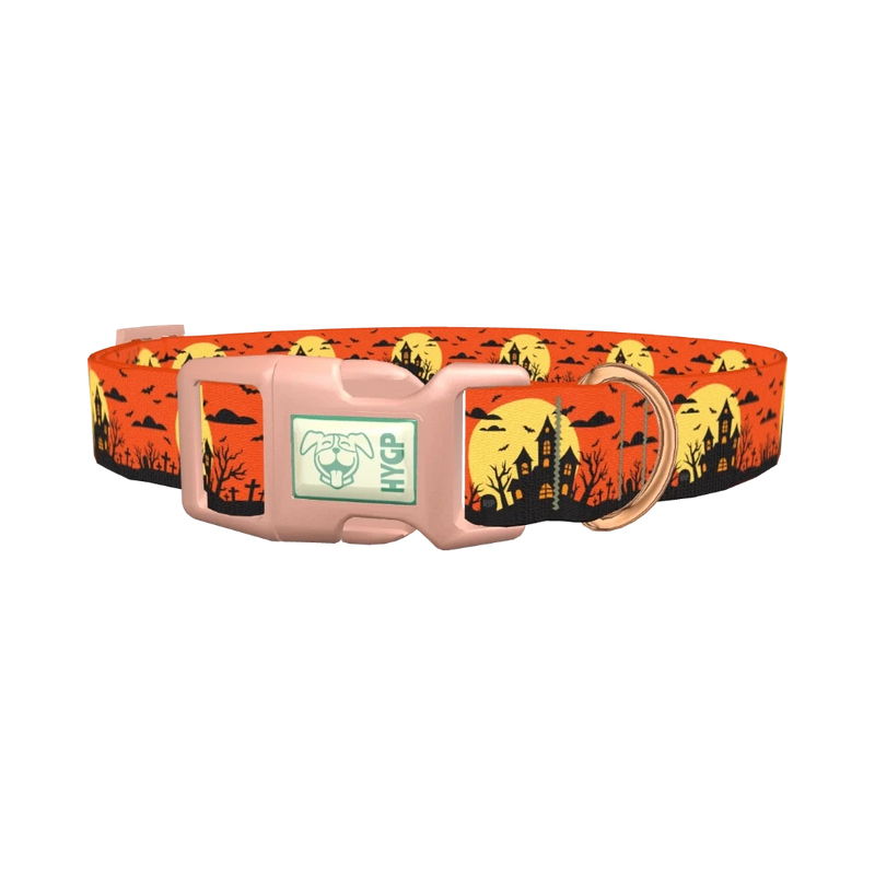 Halloween Haunted House Dog Collar - plastic rose gold