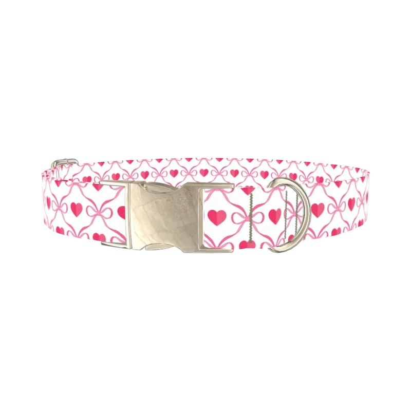 Pink Bow Heart Dog Collar - metal silver