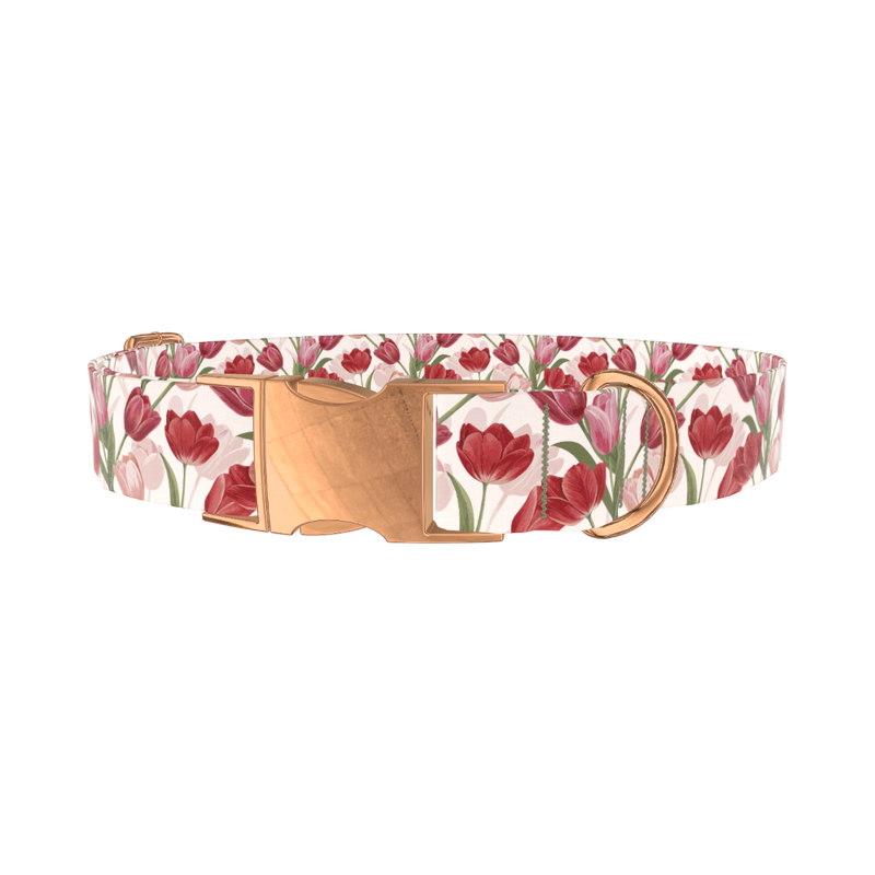Red Pink Tulip Dog Collar - metal rose gold