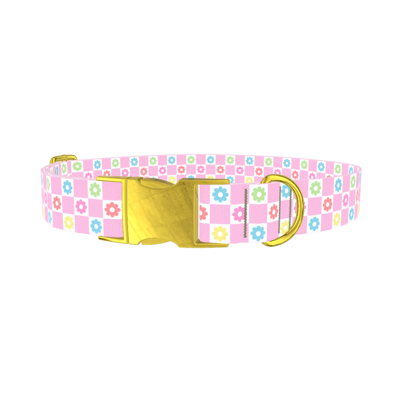 Floral Check Dog Collar - metal gold