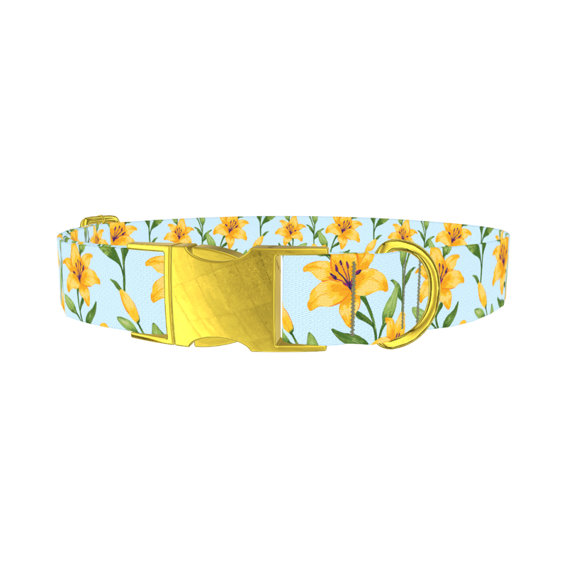 Floral Yellow Lily Dog Collar - metal gold