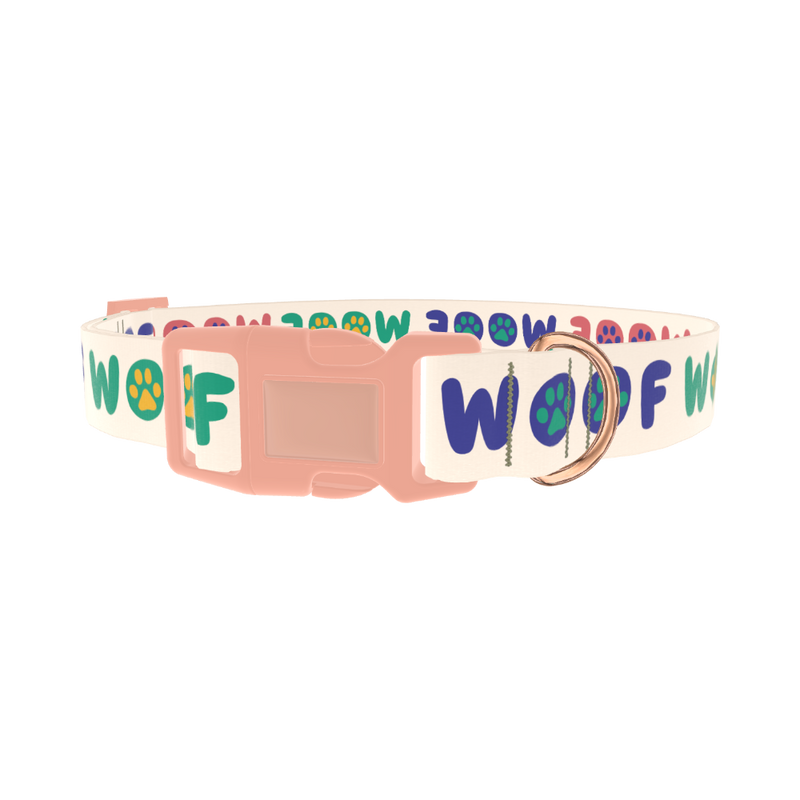 Woof Paw Print Dog Collar - plastic rose gold