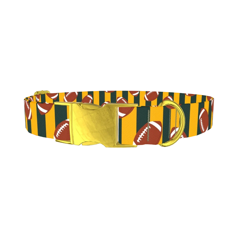 Green Stripe Football Dog Collar - metal gold