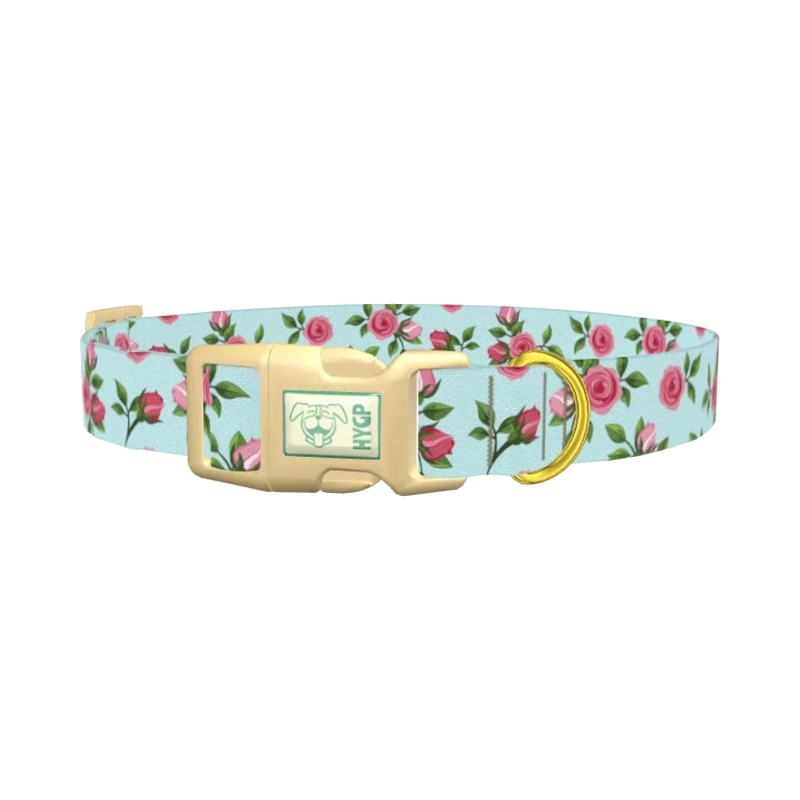 Pink Rose Blossom Dog Collar - plastic gold