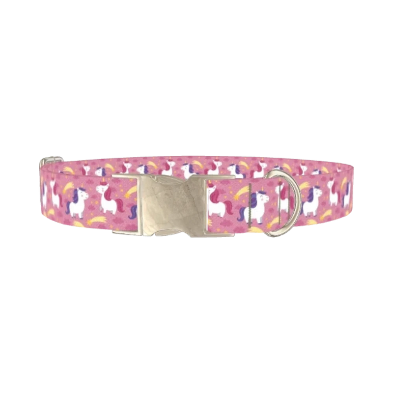 Pink Unicorn Stars Dog Collar - metal silver